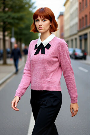 Kadın Gömlek Yaka Görünümlü Nakış Detaylı Triko Kazak Standart Kollu Sonbahar Kış Stili Kaliteli