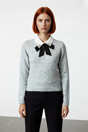 Kadın Gömlek Yaka Görünümlü Nakış Detaylı Triko Kazak Standart Kollu Sonbahar Kış Stili Kaliteli