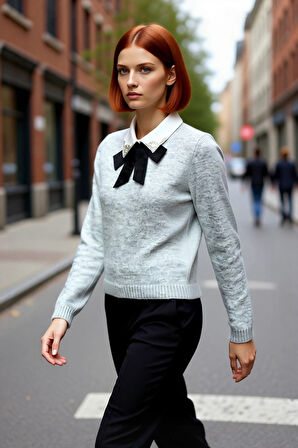 Kadın Gömlek Yaka Görünümlü Nakış Detaylı Triko Kazak Standart Kollu Sonbahar Kış Stili Kaliteli