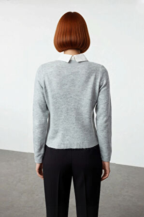 Kadın Gömlek Yaka Görünümlü Nakış Detaylı Triko Kazak Standart Kollu Sonbahar Kış Stili Kaliteli