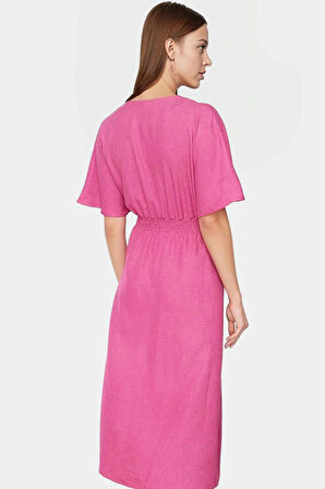 Şık Keten Görünümlü Kuşaklı Midi Elbise Rahat ve Nefes Alabilir Günlük Kullanım İçin Modern Stil