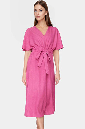 Şık Keten Görünümlü Kuşaklı Midi Elbise Rahat ve Nefes Alabilir Günlük Kullanım İçin Modern Stil