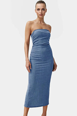 Straplez Bodycon Elbise Esnek Örme Kumaş Midi Boy Yazlık Konforlu Kesim Dayanıklı Malzeme