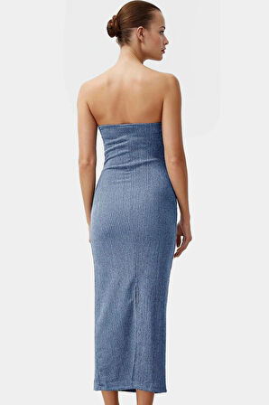 Straplez Bodycon Elbise Esnek Örme Kumaş Midi Boy Yazlık Konforlu Kesim Dayanıklı Malzeme