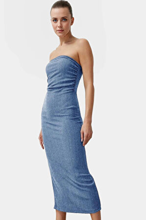 Straplez Bodycon Elbise Esnek Örme Kumaş Midi Boy Yazlık Konforlu Kesim Dayanıklı Malzeme