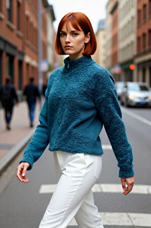 Kadınlara Özel Oversize Dokulu Standart Kol Dik Yaka Fermuarlı Triko Kazak Soğuk Günler İçin