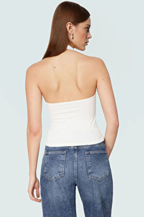 Fitted Kalıp Viskoz Ribana Crop Bluz Boyundan Bağlamalı Yaka Günlük Stil