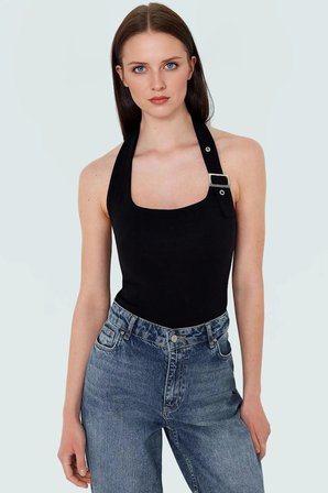 Fitted Kalıp Viskoz Ribana Crop Bluz Boyundan Bağlamalı Yaka Günlük Stil