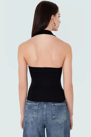 Fitted Kalıp Viskoz Ribana Crop Bluz Boyundan Bağlamalı Yaka Günlük Stil