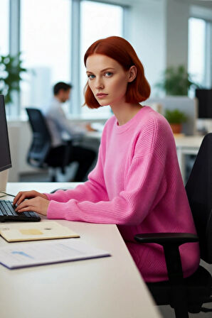 Kadın Basic Koleksiyon Ekru Triko Kazak Rahat Kesim Bisiklet Yaka Asimetrik Büzgülü Tasarım