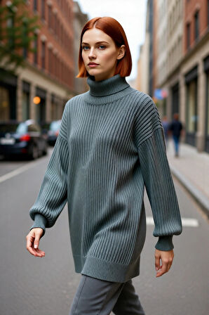 Kadın Düşük Kol Balıkçı Yaka Kalın Fitilli Triko Tunik Kazak Sonbahar Kış Stili Rahatlığı Kaliteli