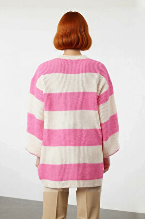 Kadınlara Özel Relaxed Fit Bisiklet Yaka Çizgili Desenli Uzun Kollu Triko Kazak Günlük Şıklık