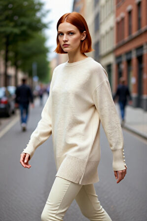 Kadın Düşük Kol İnci Detaylı Düz Desen Triko Kazak Kışlık Rahatlığın ve Şıklığın Adresi Kaliteli