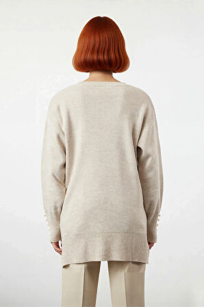 Kadın Düşük Kol İnci Detaylı Düz Desen Triko Kazak Kışlık Rahatlığın ve Şıklığın Adresi Kaliteli