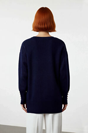 Kadın Düşük Kol İnci Detaylı Düz Desen Triko Kazak Kışlık Rahatlığın ve Şıklığın Adresi Kaliteli