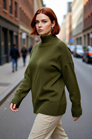 Kadın Düz Desen Akrilik Triko Kazak Relaxed Kalıp Dik Yaka Düşük Kol Kış İçin Konforlu Stil