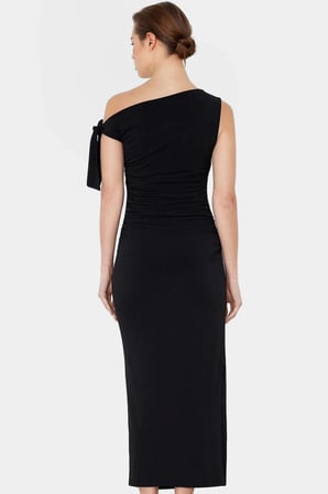 Vücuda Oturan Maxi Elbise Tek Omuz Asimetrik Yaka Polyester Kumaş Rahat Kullanım