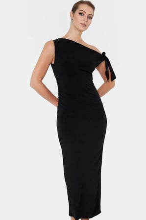 Vücuda Oturan Maxi Elbise Tek Omuz Asimetrik Yaka Polyester Kumaş Rahat Kullanım