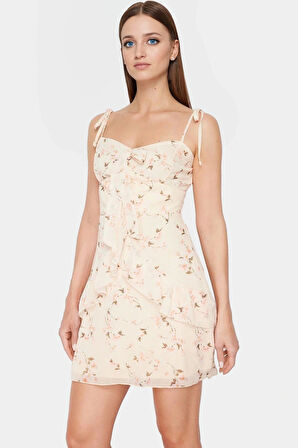 A line Mini Elbise Çiçekli Şifon Dokuma Tasarım Zarifane Yüksek Kalite Konforlu Kesim