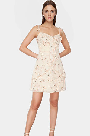 A line Mini Elbise Çiçekli Şifon Dokuma Tasarım Zarifane Yüksek Kalite Konforlu Kesim