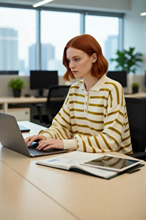 Kadın Triko Polo Yaka Çizgili Relaxed Kesim Düşük Kol Uzun Kollu Soğuk Hava Kazak Kaliteli