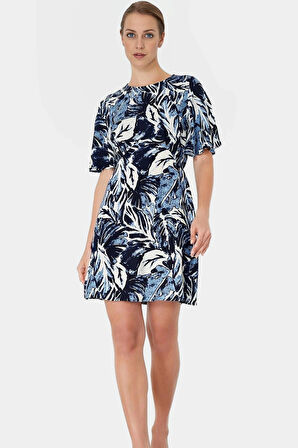 A Kesim Kısa Kollu Mini Elbise Tropikal Desenli Viskoz Kumaş Mükemmel Uyum Uzun Ömürlü