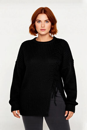 Kadın Rahat Kesim Gri Bağcık Detaylı Selanik Örgü Kışlık Triko Kazak Düşük Kol Stiliyle Kaliteli