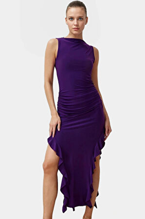 Bodycon Maxi Elbise Esnek Fırfırlı Kayık Yaka Yazlık Seçkin Malzeme Trend Tasarım