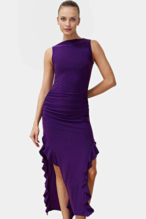 Bodycon Maxi Elbise Esnek Fırfırlı Kayık Yaka Yazlık Seçkin Malzeme Trend Tasarım