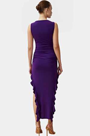 Bodycon Maxi Elbise Esnek Fırfırlı Kayık Yaka Yazlık Seçkin Malzeme Trend Tasarım