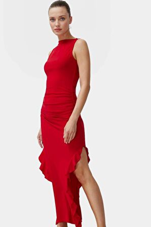 Bodycon Maxi Elbise Esnek Fırfırlı Kayık Yaka Yazlık Seçkin Malzeme Trend Tasarım