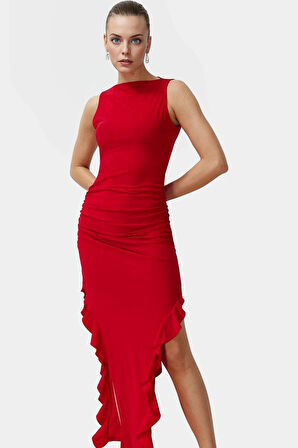 Bodycon Maxi Elbise Esnek Fırfırlı Kayık Yaka Yazlık Seçkin Malzeme Trend Tasarım