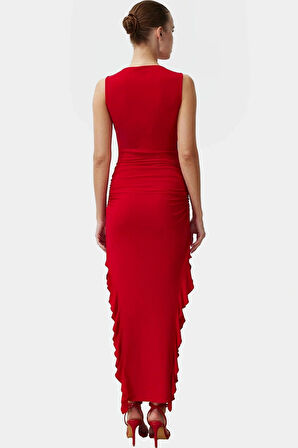 Bodycon Maxi Elbise Esnek Fırfırlı Kayık Yaka Yazlık Seçkin Malzeme Trend Tasarım