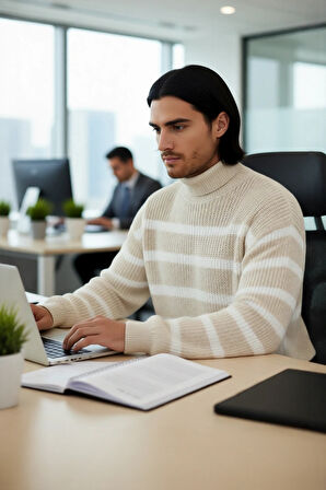 Unisex Bej Çizgili Oversize Balıkçı Yaka Triko Kazak Soğuk Havalarda Şık Ve Rahat Bir Seçim