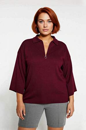 Kadın Büyük Beden Relaxed Kalıp Polo Yaka Fermuarlı Düşük Omuz Truvakar Kol Triko Kazak Kaliteli