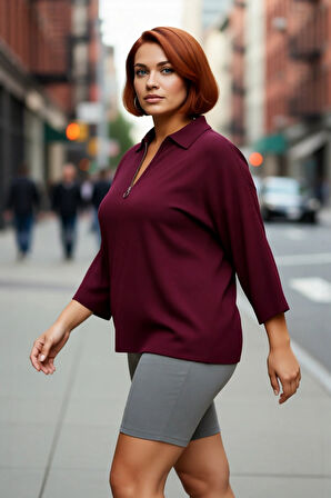 Kadın Büyük Beden Relaxed Kalıp Polo Yaka Fermuarlı Düşük Omuz Truvakar Kol Triko Kazak Kaliteli