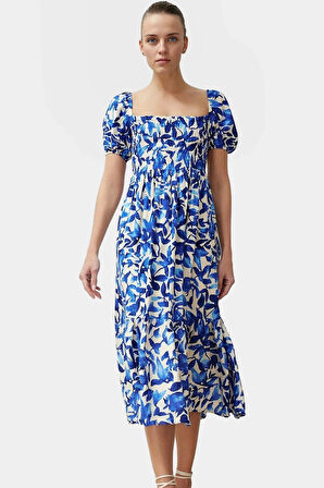 Shally Dokuma Viskoz Çiçekli Skater Elbise Gipeli Midi Boy Yüksek Kalite Günlük Kullanım İçin