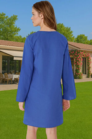 Kadın Şık Nakışlı Uzun Kollu Pamuklu Plaj Elbisesi Özel Tasarım Profesyonel Görünüm Kaliteli İşçilik