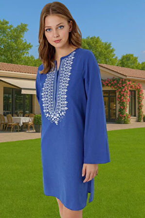 Kadın Şık Nakışlı Uzun Kollu Pamuklu Plaj Elbisesi Özel Tasarım Profesyonel Görünüm Kaliteli İşçilik