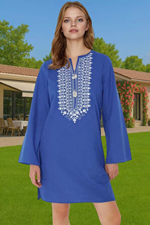 Kadın Şık Nakışlı Uzun Kollu Pamuklu Plaj Elbisesi Özel Tasarım Profesyonel Görünüm Kaliteli İşçilik