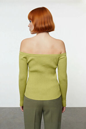 Kadınlar İçin Omuz Açık Fitted Kalıp Akrilik Uzun Kollu Fitilli Triko Bluz Şıklığı Kaliteli