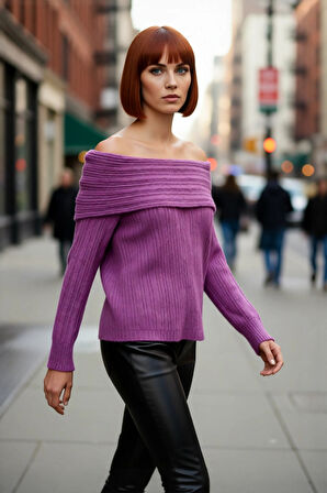 Kadın Carmen Yaka Triko Kazak Orta Kalınlıkta Regular Kalıbı İle Kış Gündüz Gece Rahatlığı