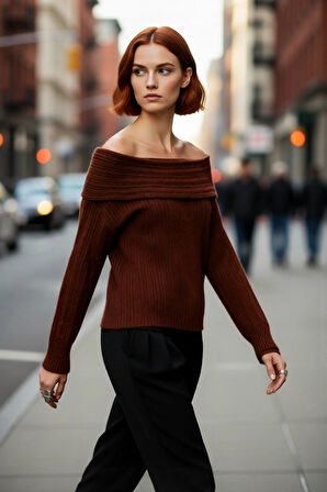 Kadın Carmen Yaka Triko Kazak Orta Kalınlıkta Regular Kalıbı İle Kış Gündüz Gece Rahatlığı