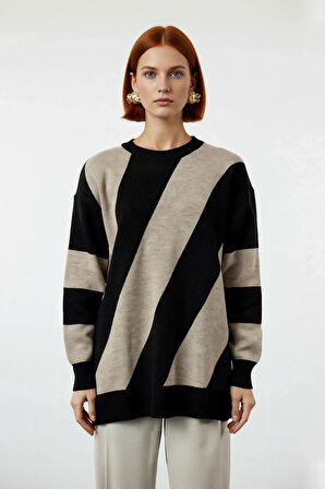 Kadın Kışlık Akrilik Triko Renk Bloklu Desenli Rahat Kalıp Bisiklet Yaka Uzun Kollu Kazak Kaliteli