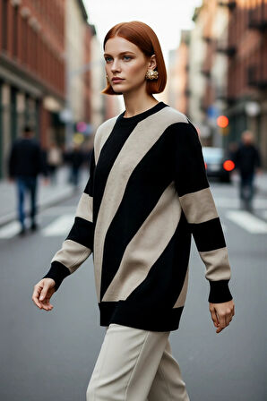 Kadın Kışlık Akrilik Triko Renk Bloklu Desenli Rahat Kalıp Bisiklet Yaka Uzun Kollu Kazak Kaliteli