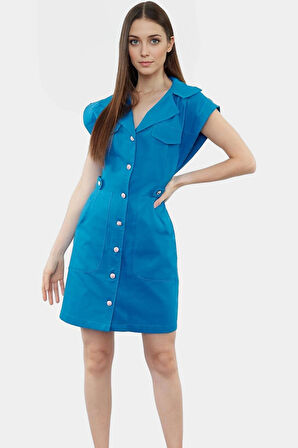 Dokuma Gabardin Mini Elbise Kisa Kol Düğmeli %Pamuk Yazlık Dayanıklı Malzeme