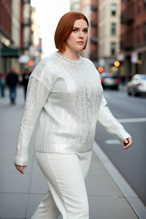 Kadın Saç Örgü Varak Detaylı Crop Triko Kazak Bisiklet Yaka Uzun Kollu Şık ve Modern Kombinler