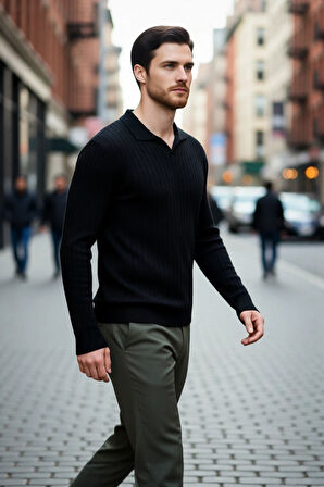 Erkek Basic Fitted Polo Yaka Uzun Kollu İnce Triko Kazak Casual Tarzı Tamamlayan Şıklık Kaliteli