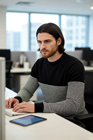 Erkek Bisiklet Yaka Çizgili Triko Kazak Slim Fit Kesimiyle Günlük Stilinize Şıklık Katıyor