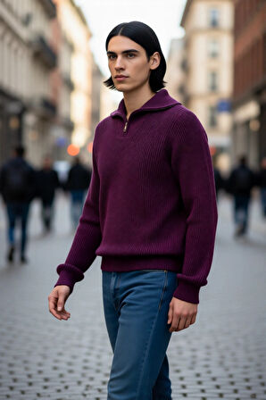 Erkeklerin Soğuk Havalarda Tercihi Regular Kalın Fermuarlı Dik Yaka Selanik Triko Kazak Modeli